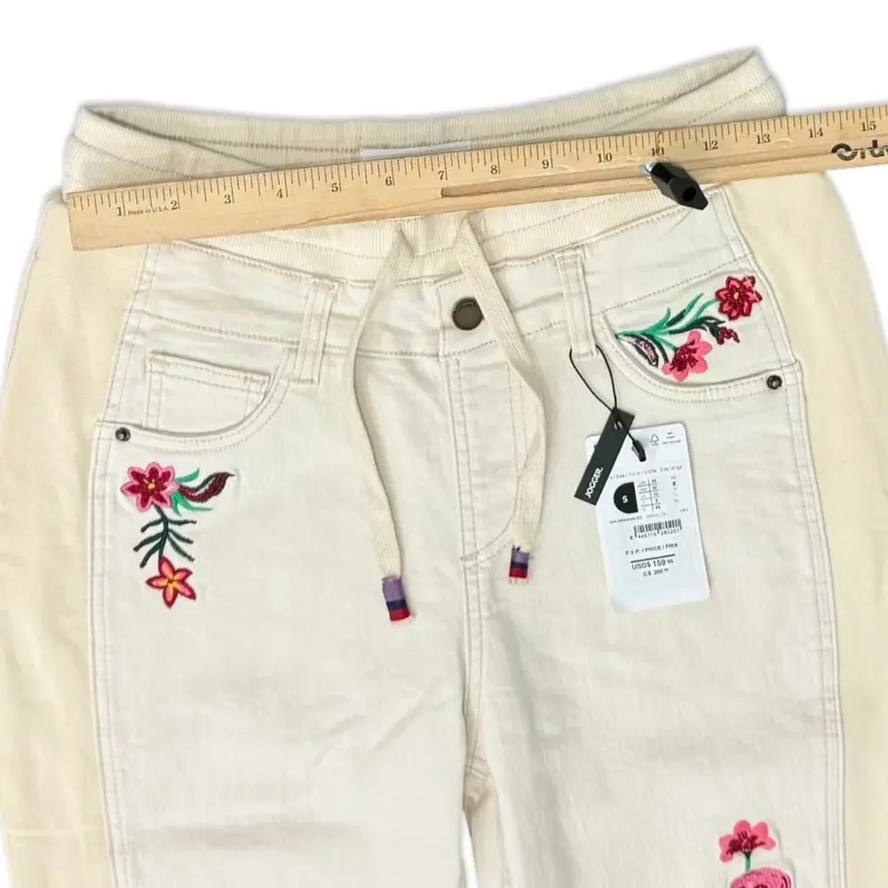 Desigual Cream Ecru Floral Embroidered Jogger Lita Raw Hem Jeans size S NEW Tags - Picture 5 of 12